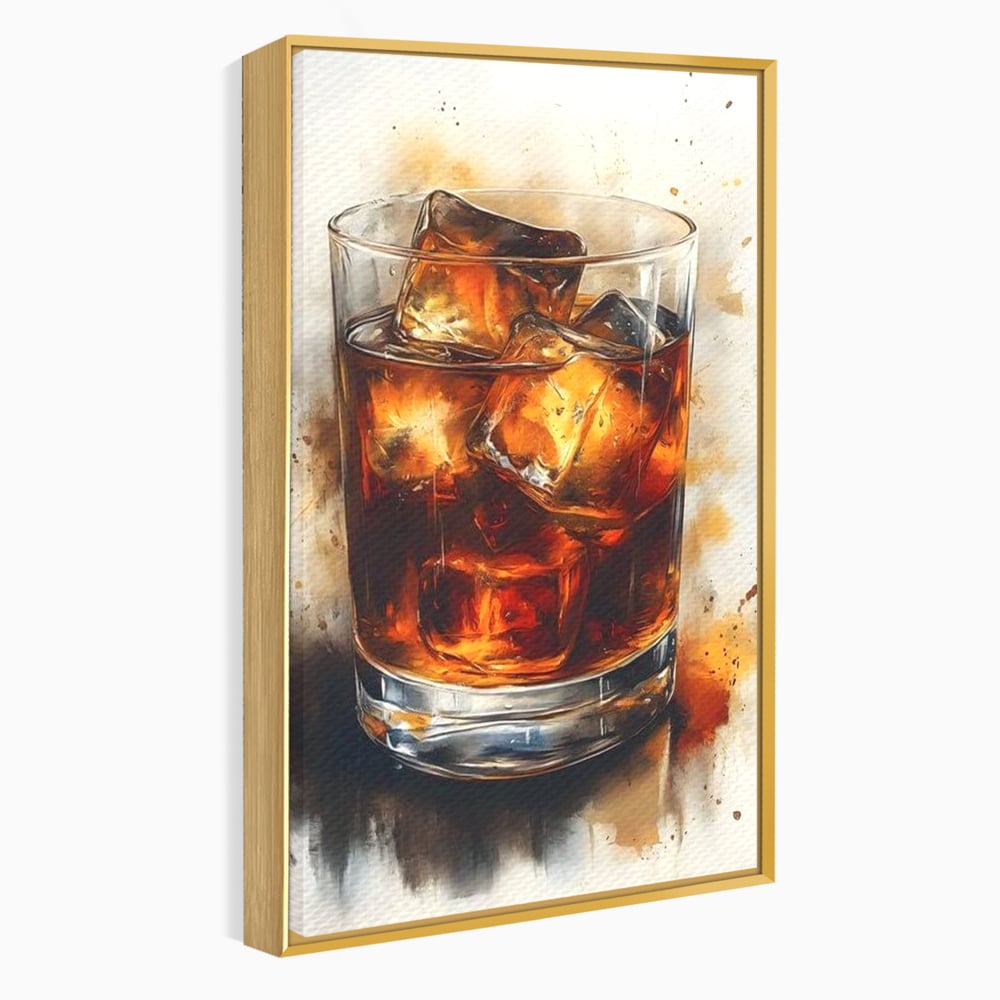 Tablou canvas cu tablou pictura pahar whisky cu gheata, in rama de aluminiu auriu